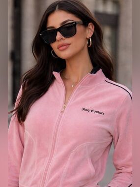 Juicy Couture Pink Velour Track Jacket with Blue Trim